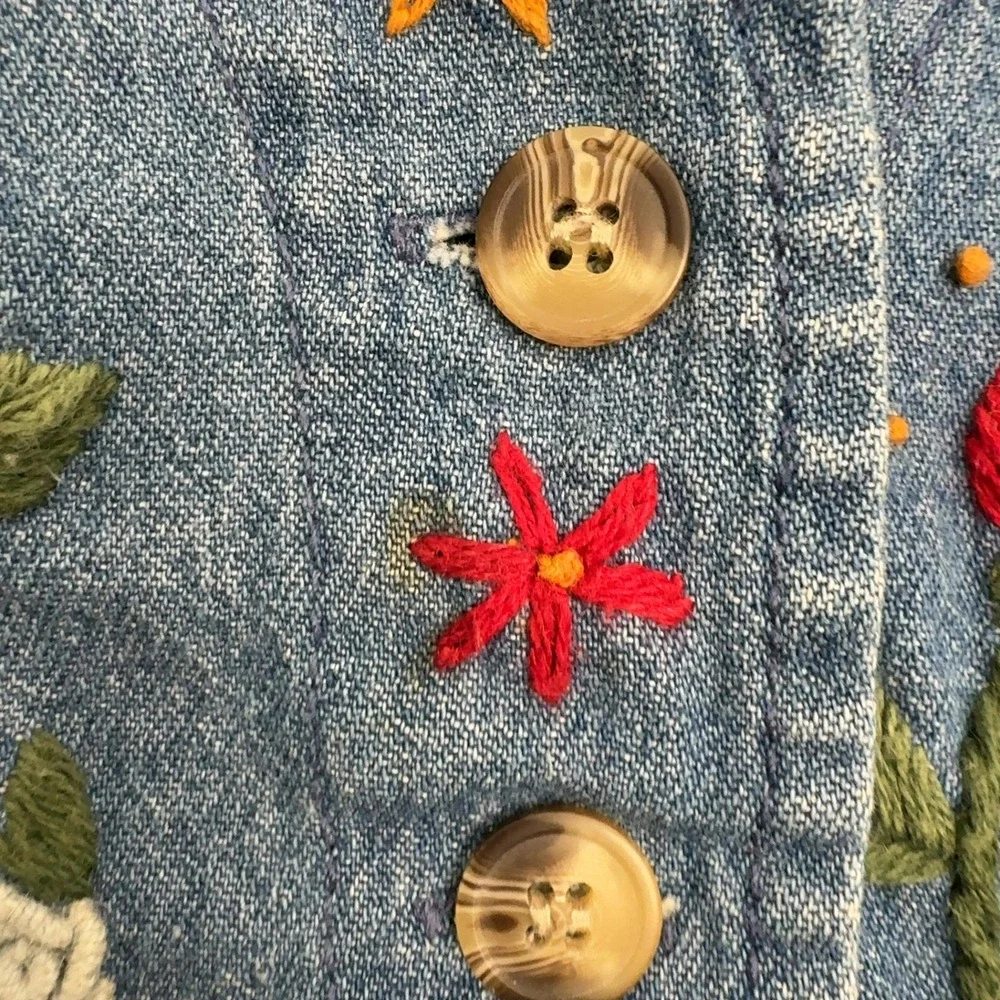 Vintage Orvis Vest Women L Blue Denim Floral Embroidered Cotton Boho Cottagecore - Picture 5 of 6